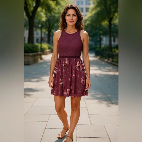 Xhilaration Mauve Lace & Floral Fit-and-Flare Dress Size Medium - Picture 2 of 4